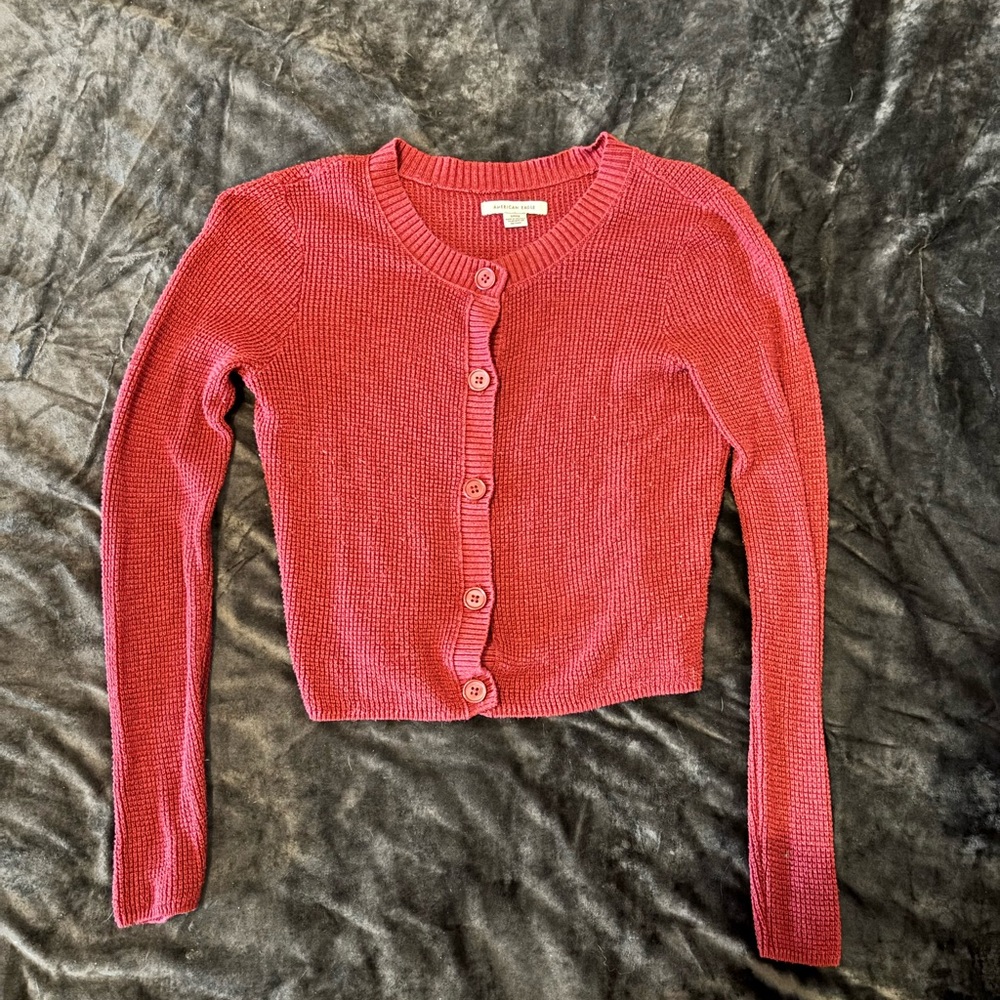 American Eagle Women's Red Button-Up Sweater